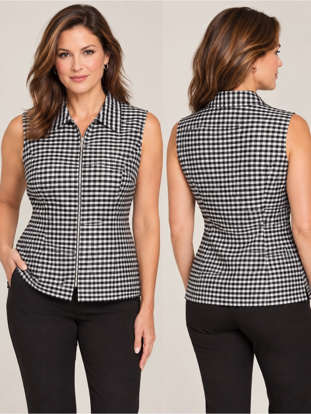 Vintage Silkland Silk Vest Checkered White Black Zip Front Size 10 New